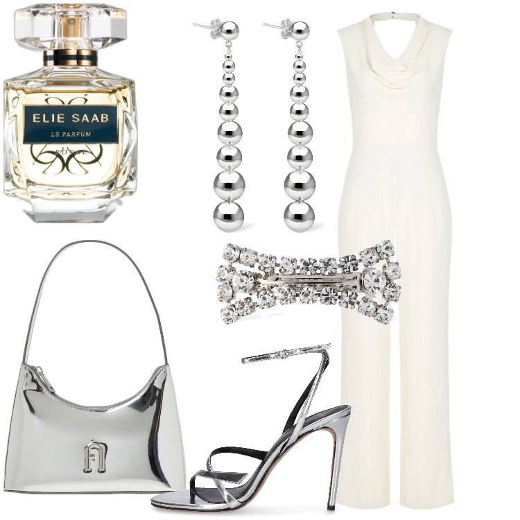 Outfit donna - Serate glam in disco. Stile Glamour per Serata fuori. Abbinamento con profumi, tute, borse a spalla, orecchini, sandali in pelle, accessori per capelli.