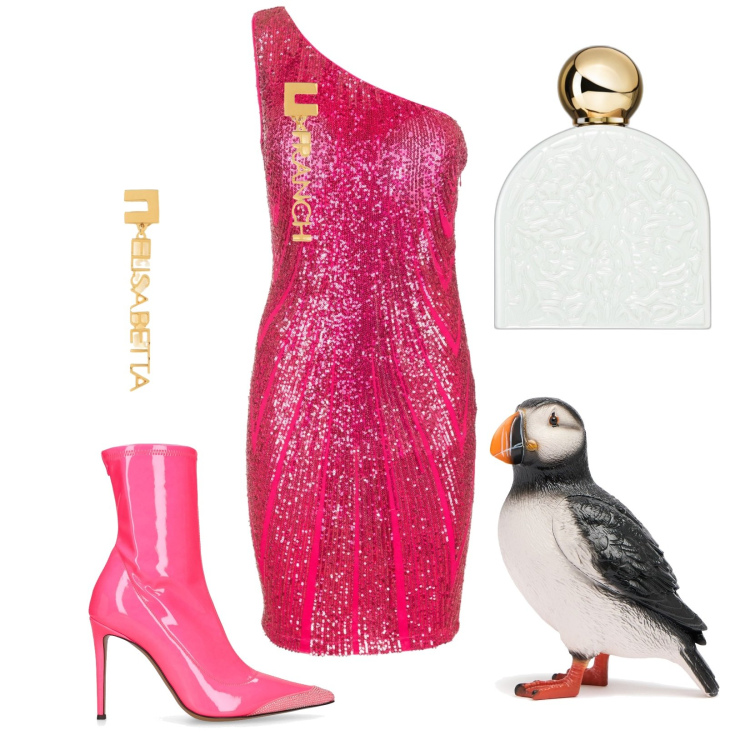 Outfit donna - Strepitosa. Stile Glamour per Serata fuori. Abbinamento con profumi, vestiti asimmetrici, pochette, orecchini, stivaletti.
