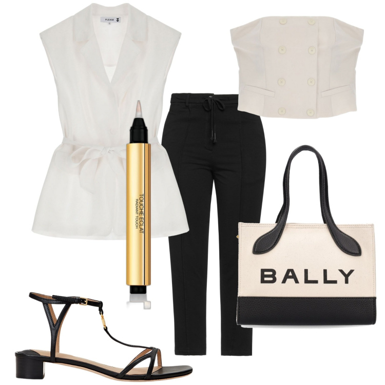 Outfit donna - Total look #1923346. Stile Chic per Tutti i giorni. Abbinamento con pantaloni, correttori, gilet, top, sandali in pelle, borse a mano.