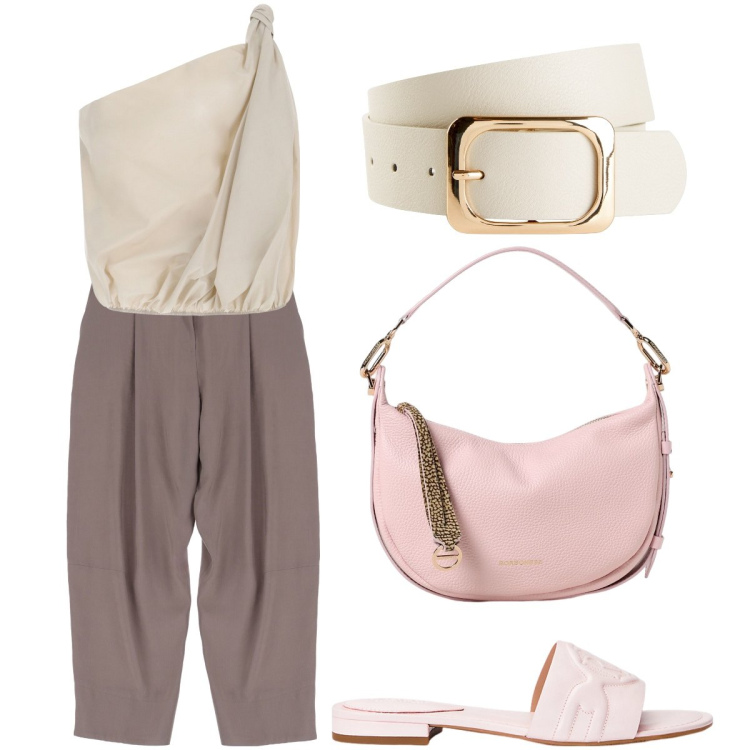 Outfit donna - Una cintura per l’estate. Stile Trendy per Tutti i giorni. Abbinamento con cinture, top, pantaloni, sandali in pelle, borse a spalla.