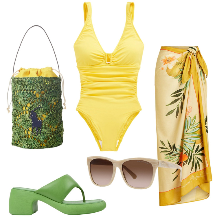 Outfit donna - Total look #1923360. Stile Vintage retrò per Mare. Abbinamento con occhiali da sole, gonne, borse a secchiello, costumi, sandali col tacco.