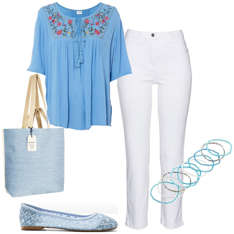 Outfit donna - Total look #1923364. Stile Casual per Tutti i giorni. Abbinamento con pantaloni, tuniche, ballerine, braccialetti, borse tote.
