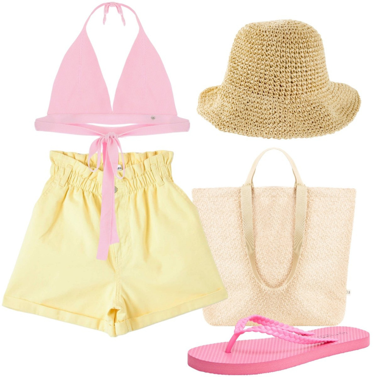 Outfit donna - Pizza in spiaggia al tramonto. Stile Basic per Mare. Abbinamento con cappelli, shorts, infradito, borse tote, top.