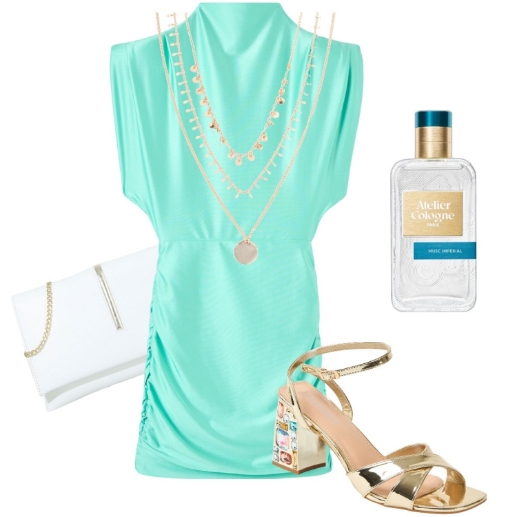 Outfit donna - Glam in disco. Stile Glamour per Serata fuori. Abbinamento con collane, profumi, vestiti corti, sandali gioiello, pochette.