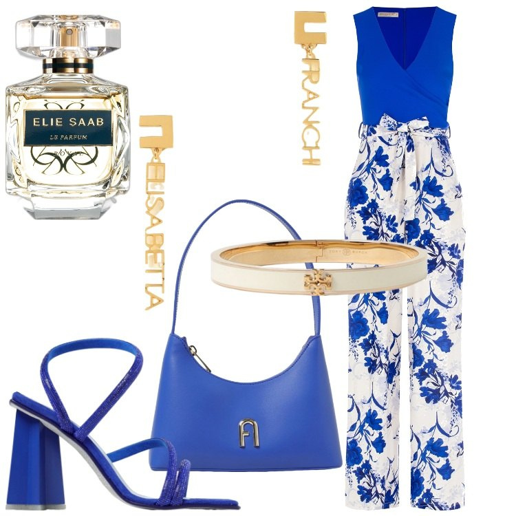 Outfit donna - Jumpsuit glam. Stile Glamour per Serata fuori. Abbinamento con profumi, tute, borse a spalla, sandali col tacco, orecchini, braccialetti.