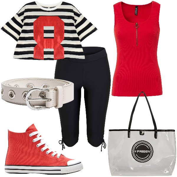 Outfit donna - Total look #1923419. Stile Urban per Tutti i giorni. Abbinamento con top, sneakers alte, pantaloni capri, cinture, t-shirt, shopping bag.