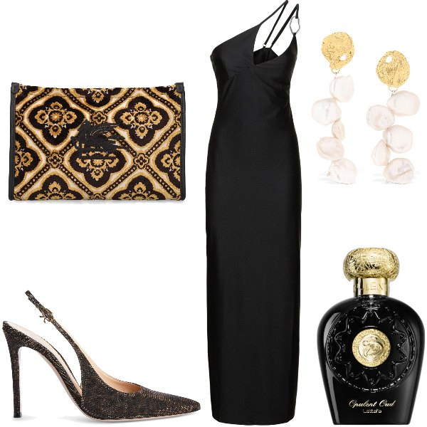 Outfit donna - Total look #1923441. Stile Sexy per Serata fuori. Abbinamento con profumi, orecchini, vestiti asimmetrici, pochette, décolleté.