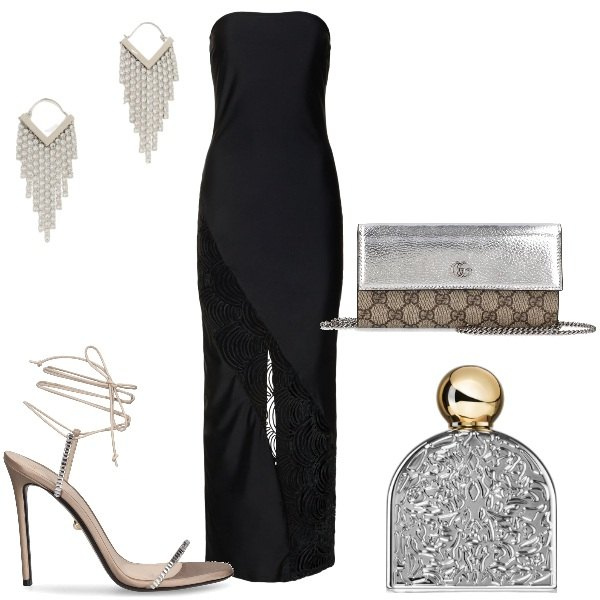 Outfit donna - In lungo. Stile Glamour per Serata fuori. Abbinamento con profumi, vestiti lunghi, borse a spalla, sandali col tacco, orecchini.