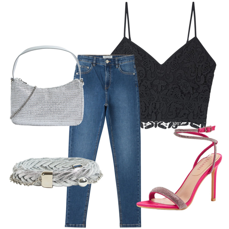 Outfit donna - Total look #1923450. Stile Casual chic per Serata fuori. Abbinamento con cinture, jeans skinny, top, sandali col tacco, borse a tracolla.