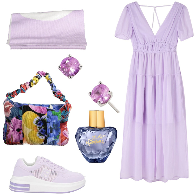 Outfit donna - Total look #1923460. Stile Casual per Mare. Abbinamento con sneakers, profumi, vestiti, orecchini, borse a spalla, sciarpe.