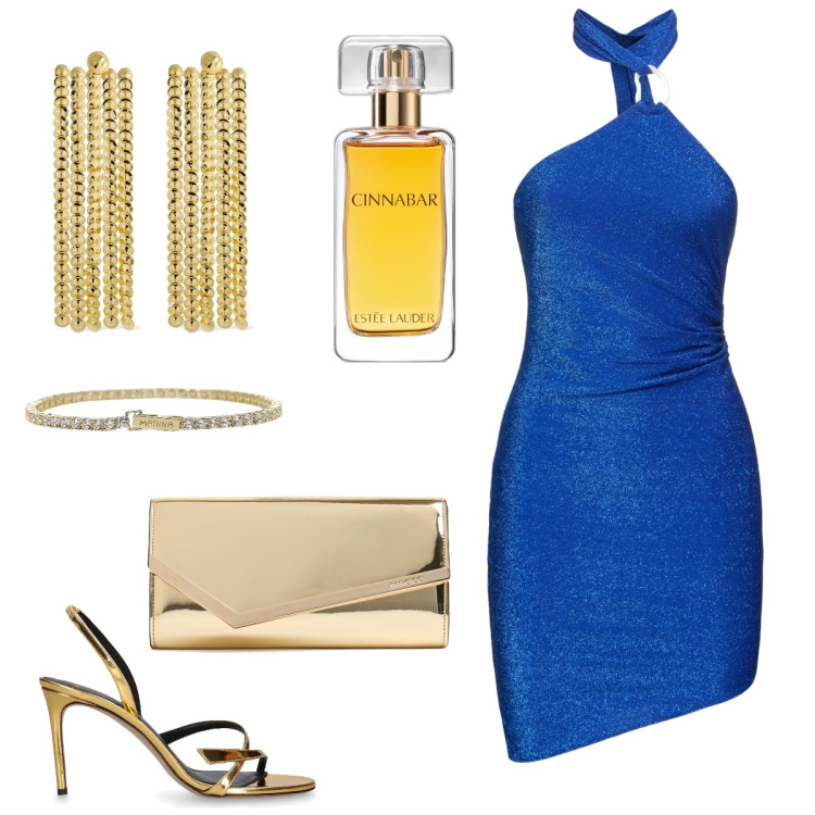 Outfit donna - Total look #1923469. Stile Glamour per Serata fuori. Abbinamento con profumi, braccialetti, vestiti, pochette, sandali in pelle, orecchini.