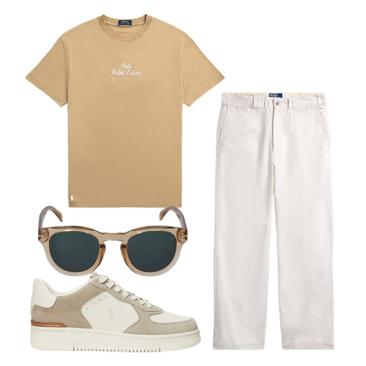 Outfit uomo - Noisette. Stile Casual per Tutti i giorni. Abbinamento con t-shirt, sneakers, pantaloni chino, occhiali da sole.