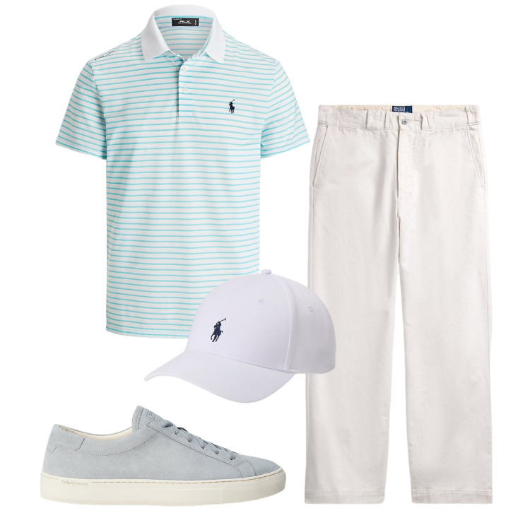 Outfit uomo - Con il caldo. Stile Casual per Tutti i giorni. Abbinamento con cappelli, polo, sneakers, pantaloni chino.