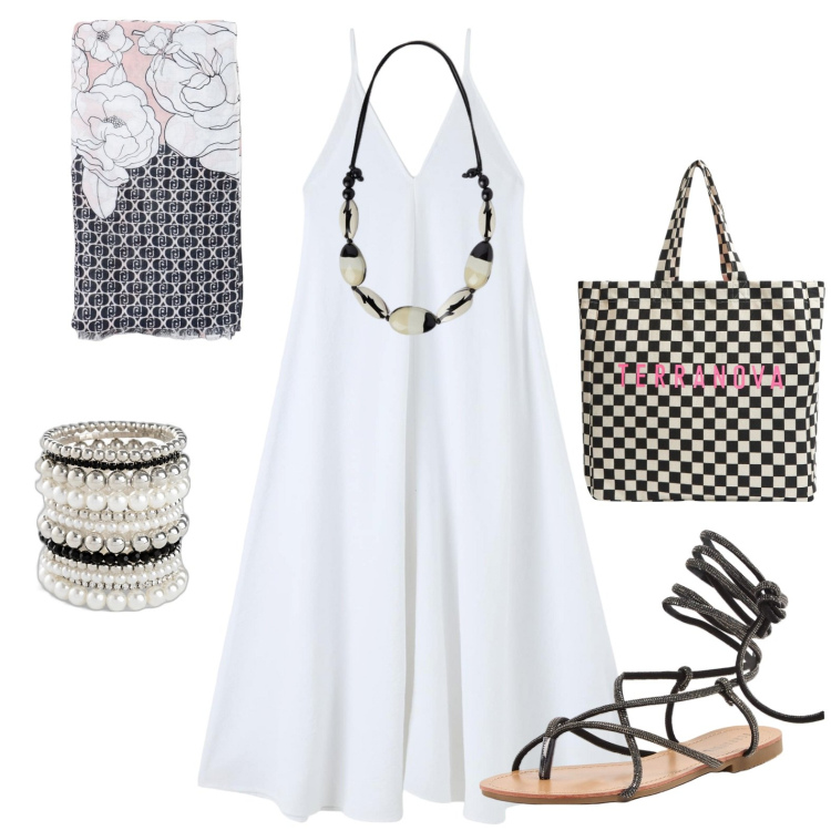 Outfit donna - Total look #1923490. Stile Casual per Serata fuori. Abbinamento con braccialetti, vestiti lunghi, sandali alla schiava, shopping bag, foulard, collane.