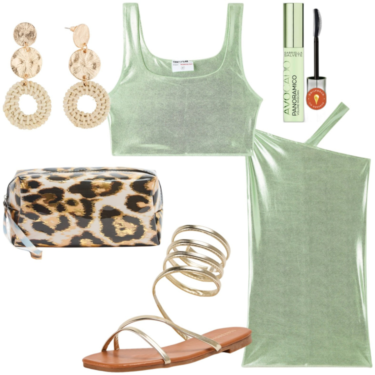 Outfit donna - Gonna e top. Stile Glamour per Serata fuori. Abbinamento con orecchini, mascara, gonne longuette, top, sandali, valigie.