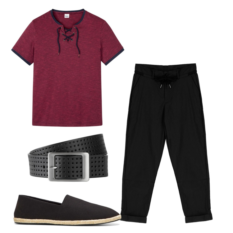 Outfit uomo - Total look. Stile Urban per Serata speciale. Abbinamento con espadrillas, cinture, t-shirt, pantaloni.