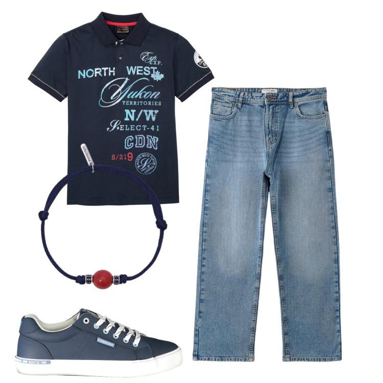 Outfit uomo - Total look. Stile Urban per Tutti i giorni. Abbinamento con polo, jeans, braccialetti, sneakers.