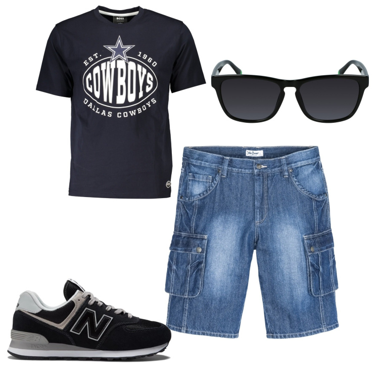 Outfit uomo - Total look. Stile Urban per Tutti i giorni. Abbinamento con bermuda, sneakers, t-shirt, occhiali da sole.
