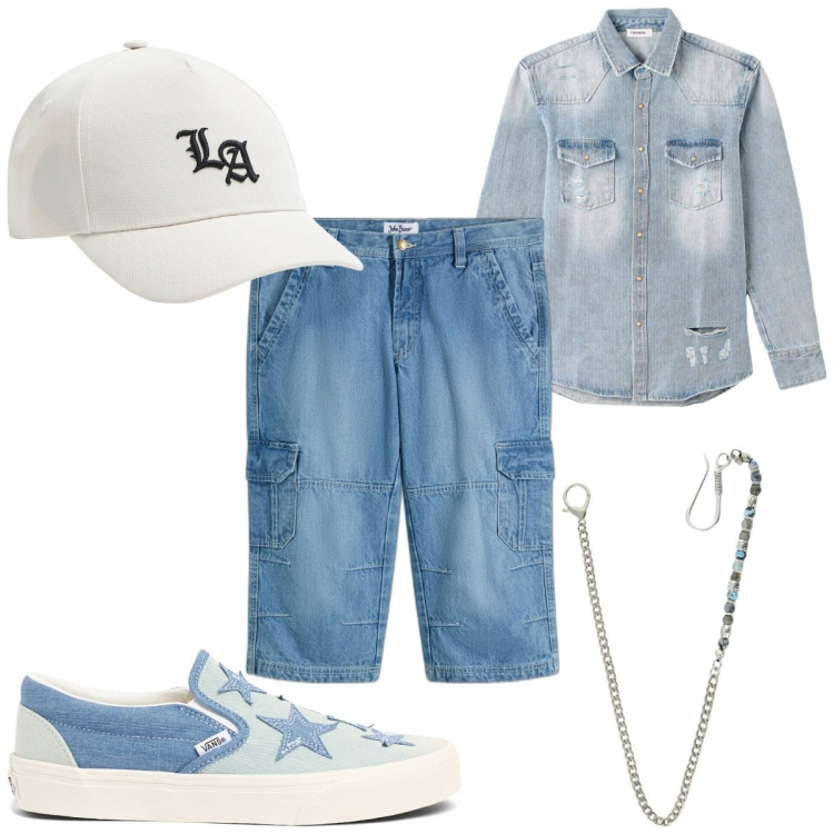 Outfit uomo - La camicia denim per il Festival estivo. Stile Trendy per Tutti i giorni. Abbinamento con jeans dritti, camicie, cappelli, collane, sneakers.