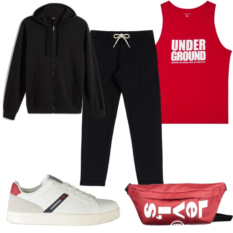 Outfit uomo - Un dettaglio rosso: la canottiera. Stile Trendy per Sport. Abbinamento con felpe con cappuccio, canottiere, pantaloni, borse sportive, sneakers.