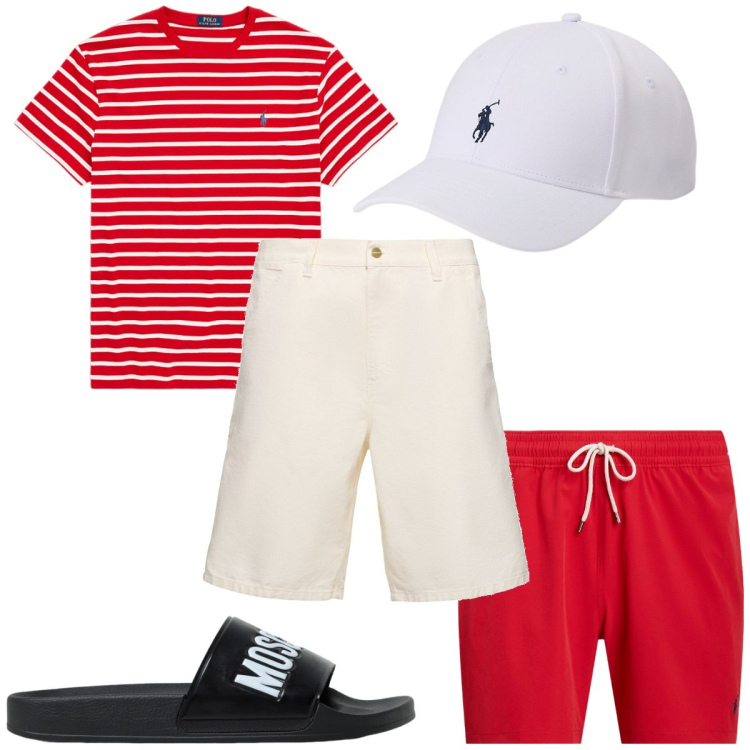 Outfit uomo - Un dettaglio rosso: il costume. Stile Trendy per Mare. Abbinamento con cappelli, costumi, t-shirt, shorts, sandali.