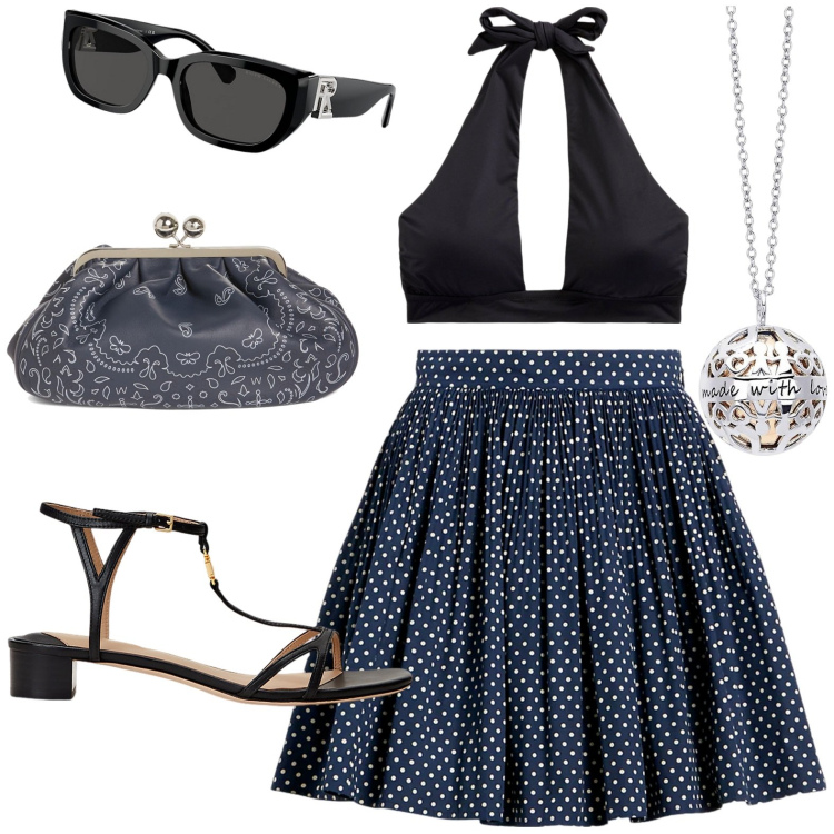 Outfit donna - Total look #1923562. Stile Casual per Tutti i giorni. Abbinamento con collane, occhiali da sole, top, sandali in pelle, gonne, pochette.
