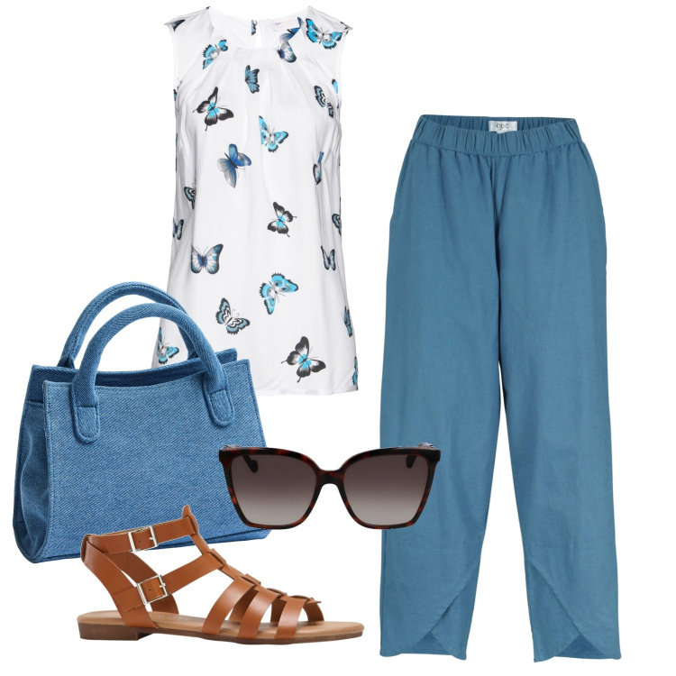 Outfit donna - Ali blu. Stile Bon Ton per Ufficio. Abbinamento con pantaloni, top, sandali, borse a tracolla, occhiali da sole.