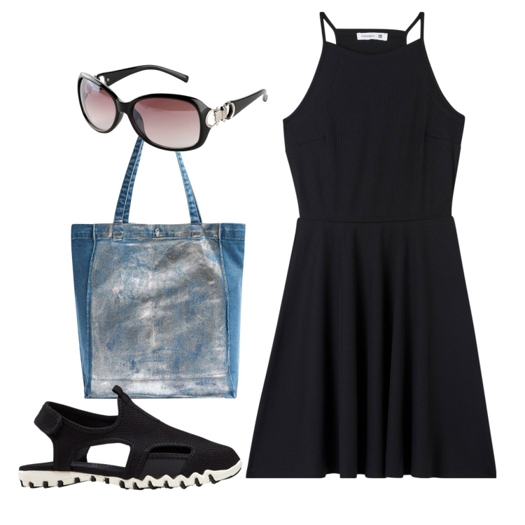 Outfit donna - Pratica. Stile Basic per Tutti i giorni. Abbinamento con sandali, occhiali da sole, vestiti corti, shopping bag.