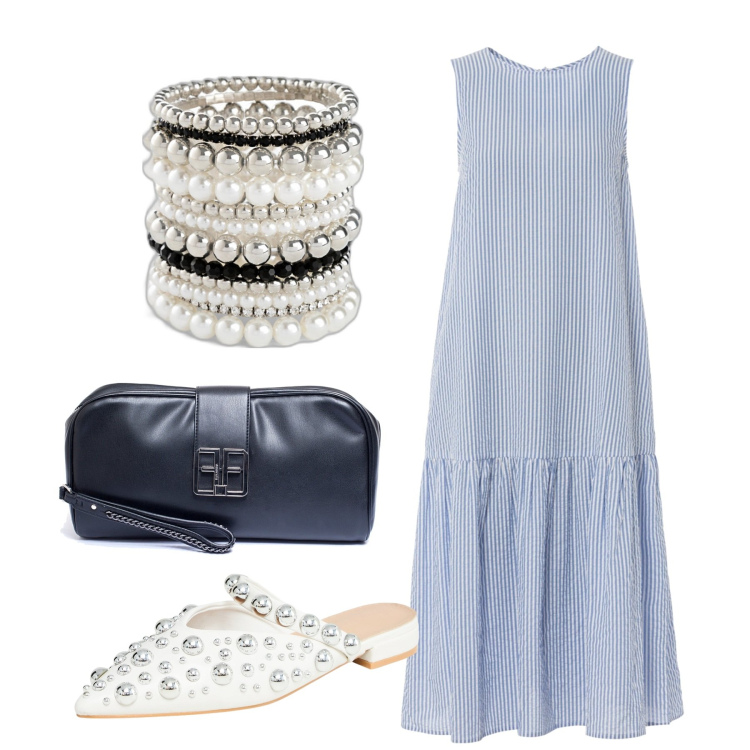 Outfit donna - Borchie e perle. Stile Bon Ton per Tutti i giorni. Abbinamento con vestiti midi/longuette, braccialetti, ballerine, pochette.