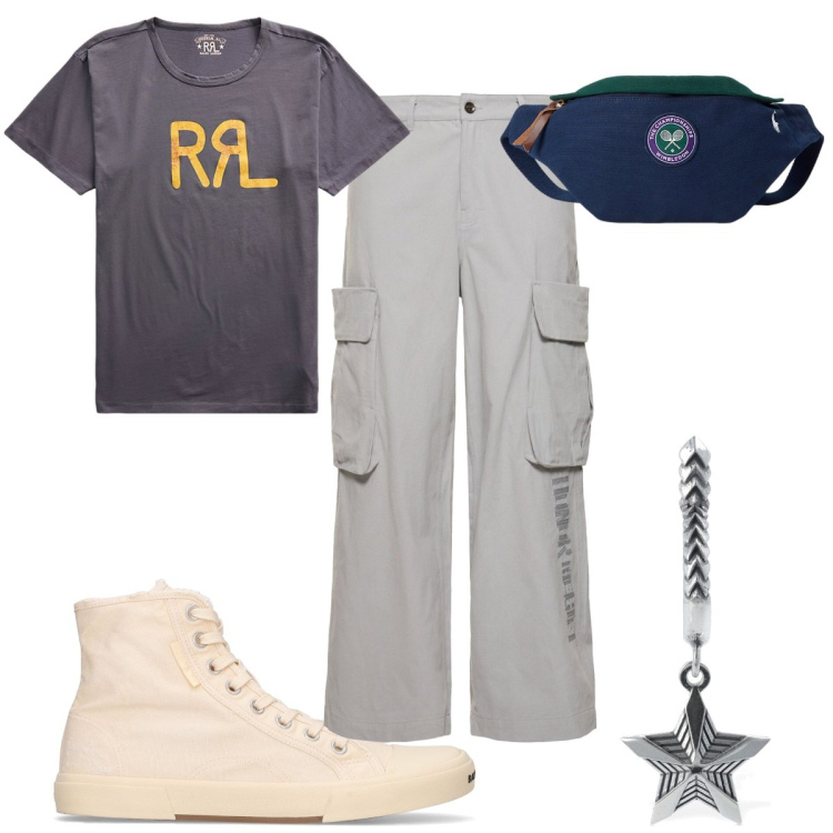 Outfit uomo - Urban style a luglio. Stile Urban per Tutti i giorni. Abbinamento con t-shirt, borse sportive, orecchini, pantaloni cargo, sneakers alte.