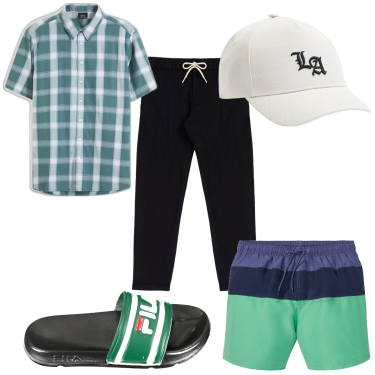 Outfit uomo - Total look #1923594. Stile Trendy per Mare. Abbinamento con camicie a manica corta, costumi, cappelli, pantaloni, sandali.