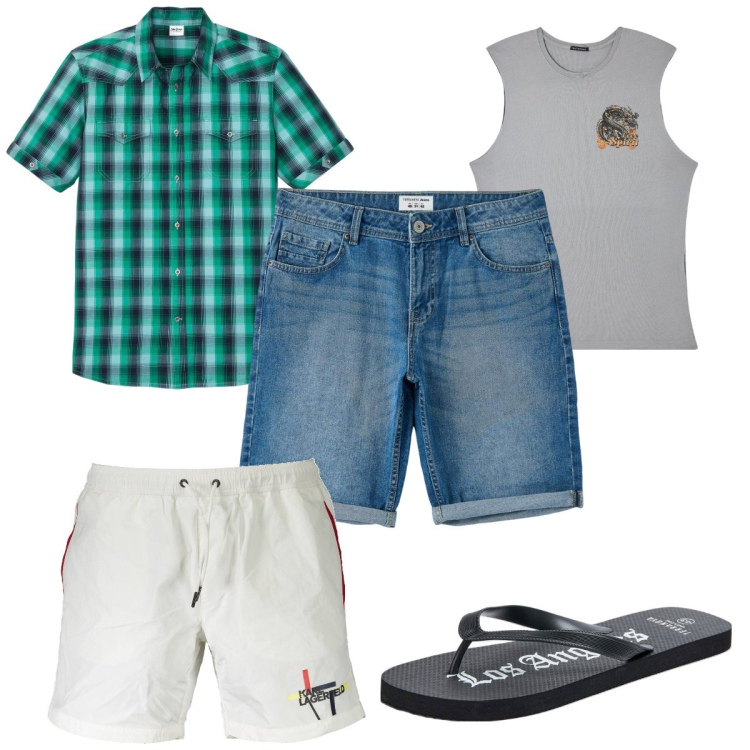 Outfit uomo - Total look #1923598. Stile Trendy per Mare. Abbinamento con camicie a manica corta, canottiere, bermuda, sandali, costumi.