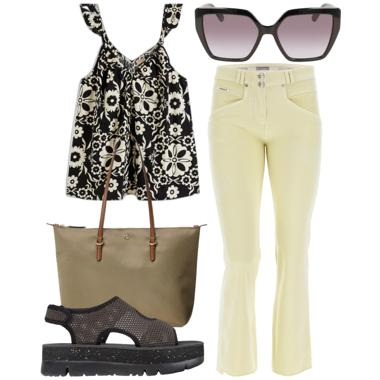 Outfit donna - Top. Stile Casual chic per Tutti i giorni. Abbinamento con top, pantaloni, borse tote, occhiali da sole, sandali.