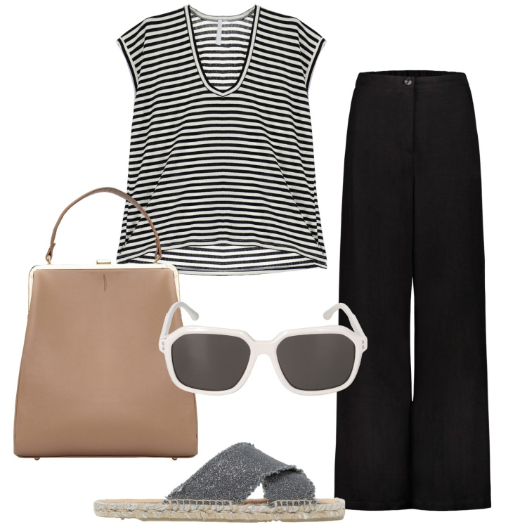 Outfit donna - In giro per saldi. Stile Chic per Tutti i giorni. Abbinamento con t-shirt, borse a spalla, occhiali da sole, sandali, pantaloni.