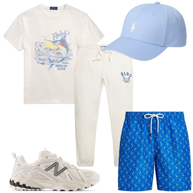 Outfit uomo - Total look #1923624. Stile Trendy per Mare. Abbinamento con scarpe sportive, cappelli, t-shirt, pantaloni, costumi.