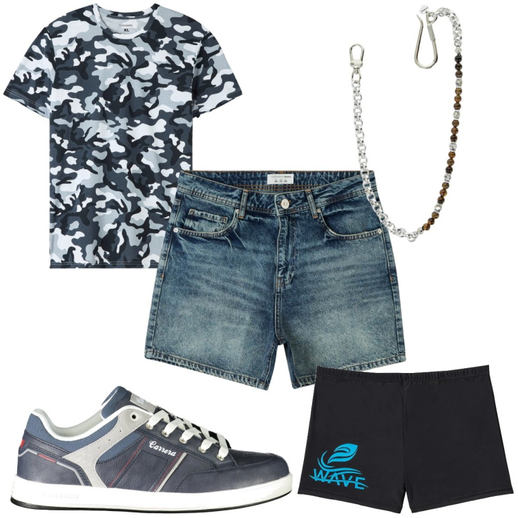 Outfit uomo - Total look #1923625. Stile Trendy per Mare. Abbinamento con costumi, shorts, t-shirt, collane, sneakers.