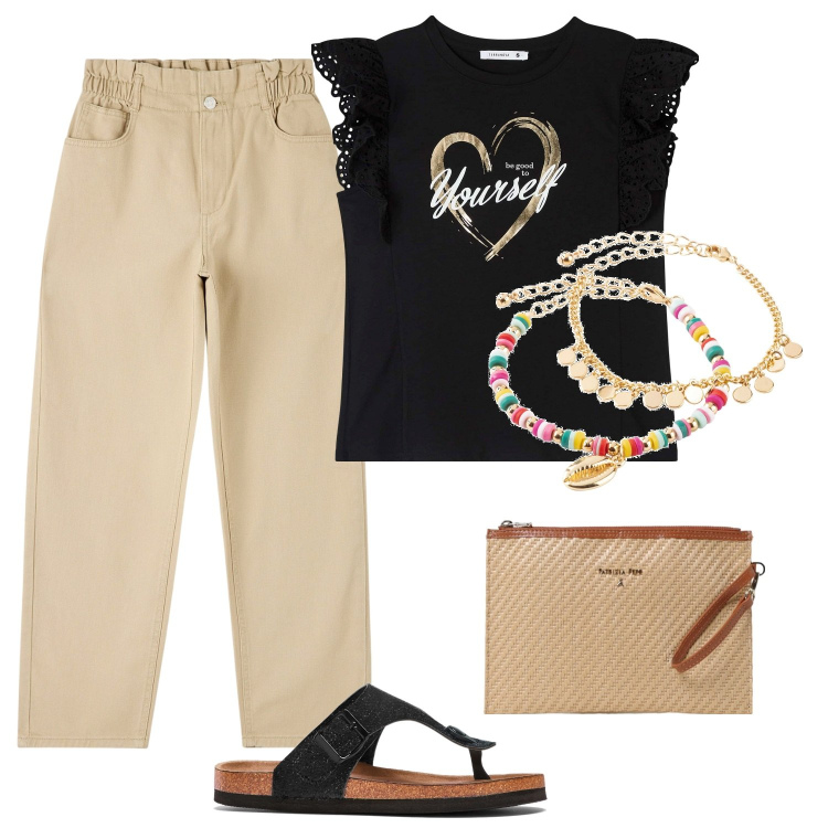Outfit donna - Total look #1923633. Stile Casual per Tutti i giorni. Abbinamento con infradito, braccialetti con ciondoli, pantaloni, t-shirt, clutch.