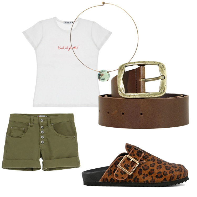 Outfit donna - Comoda. per Mare. Abbinamento con shorts, t-shirt, cinture, ciondoli, sabot.