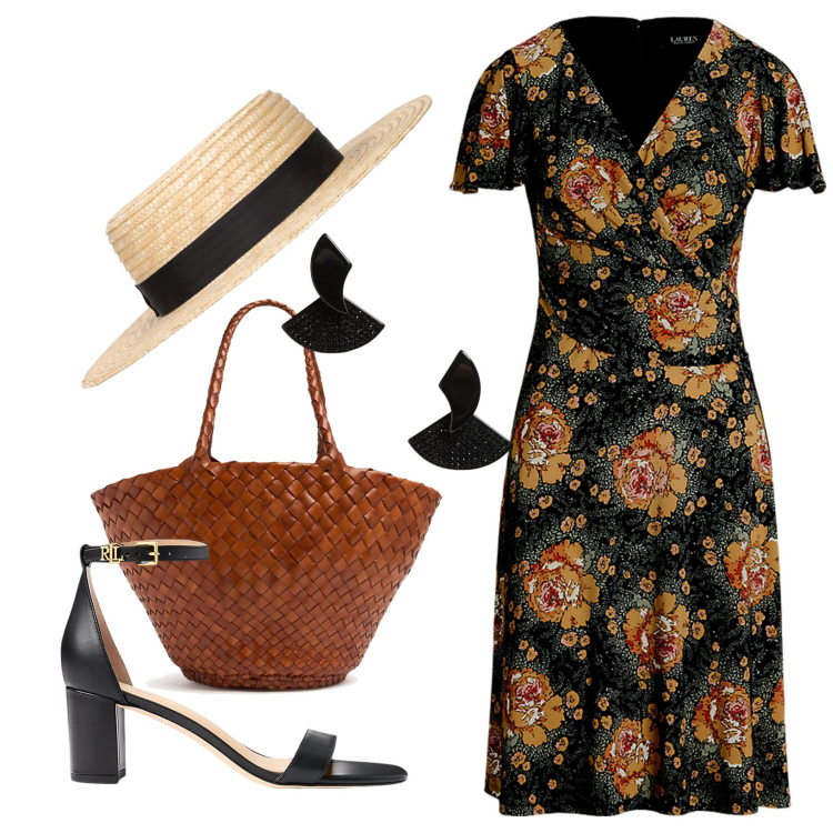 Outfit donna - Elegantissima. Stile Chic per Tutti i giorni. Abbinamento con sandali in pelle, vestiti midi/longuette, cappelli, shopping bag, orecchini.