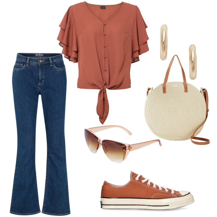 Outfit donna - Total look #1923642. Stile Casual per Tutti i giorni. Abbinamento con jeans bootcut, occhiali da sole, borse a tracolla, camicie, orecchini, sneakers.