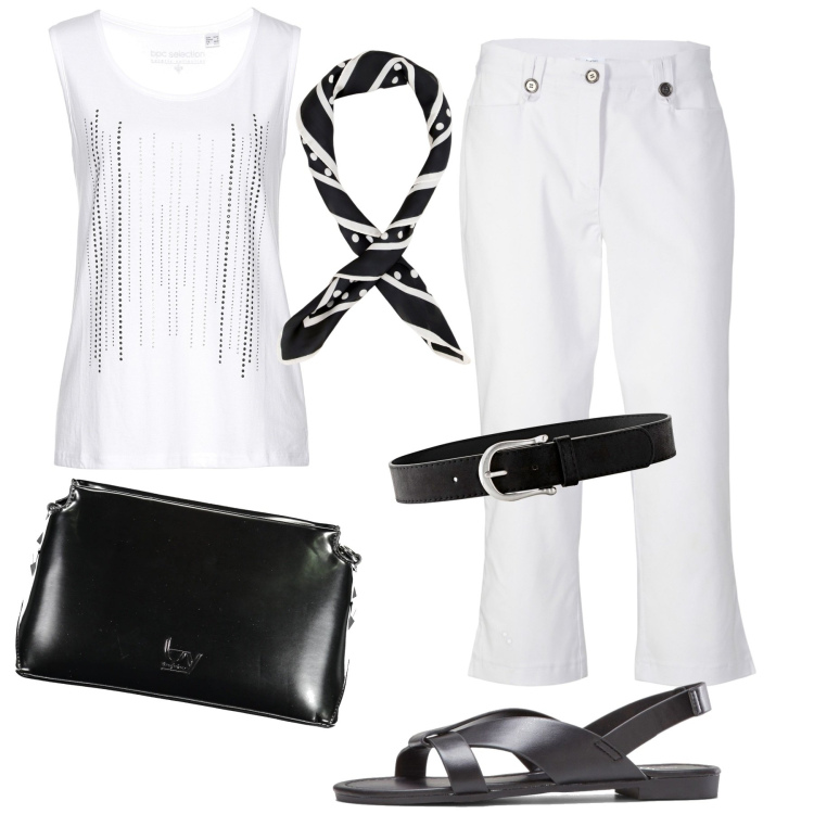 Outfit donna - Black & white con pantaloni capri. Stile Casual chic per Serata fuori. Abbinamento con pantaloni capri, sandali, cinture, top, foulard, borse a tracolla.
