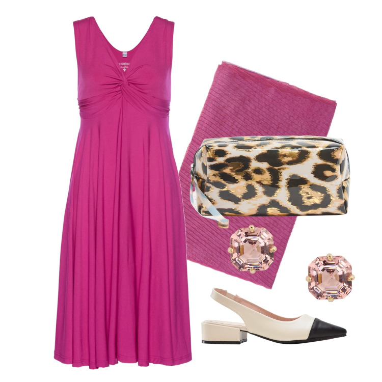 Outfit donna - Ghost outfitter - luglio. Stile Chic per Tutti i giorni. Abbinamento con décolleté, vestiti, valigie, orecchini, stole.