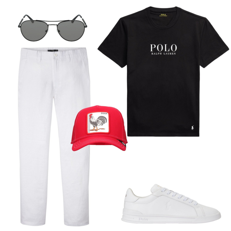 Outfit uomo - Simpatico dettaglio rosso. Stile Trendy per Tutti i giorni. Abbinamento con pantaloni, t-shirt, sneakers, occhiali da sole, cappelli.