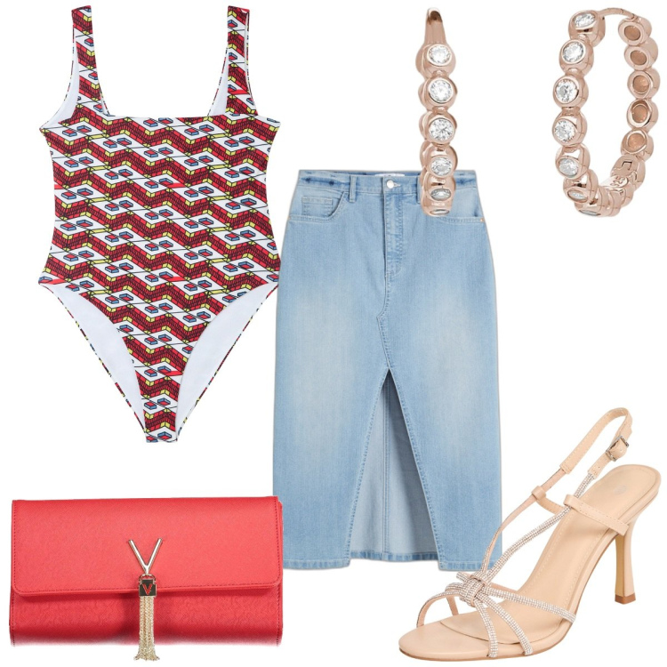 Outfit donna - In vacanza con le amiche. Stile Trendy per Mare. Abbinamento con gonne longuette, costumi interi, sandali col tacco, orecchini, borse a mano.