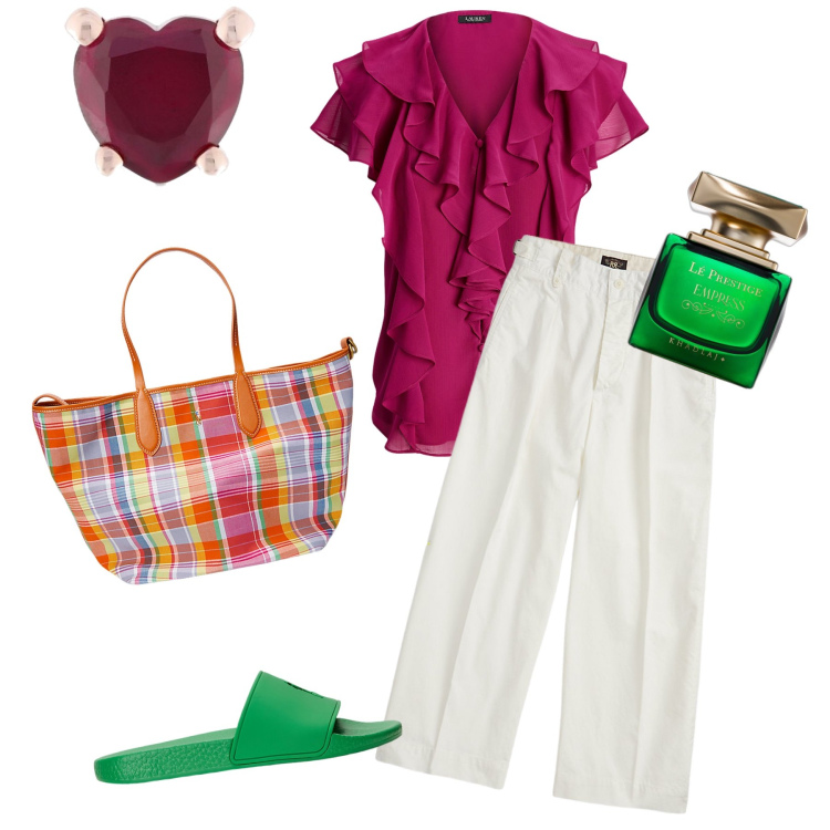 Outfit donna - Cala il sole arrivano pizza e profumo. Stile Trendy per Serata fuori. Abbinamento con profumi, pantaloni, camicie a manica corta, ciabatte, borse tote, orecchini.