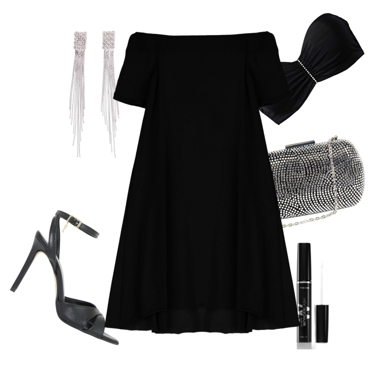 Outfit donna - Brilliamo con accessori wow. Stile Glamour per Serata fuori. Abbinamento con orecchini, reggiseni a balconcino, mascara, clutch, vestiti corti, décolleté.