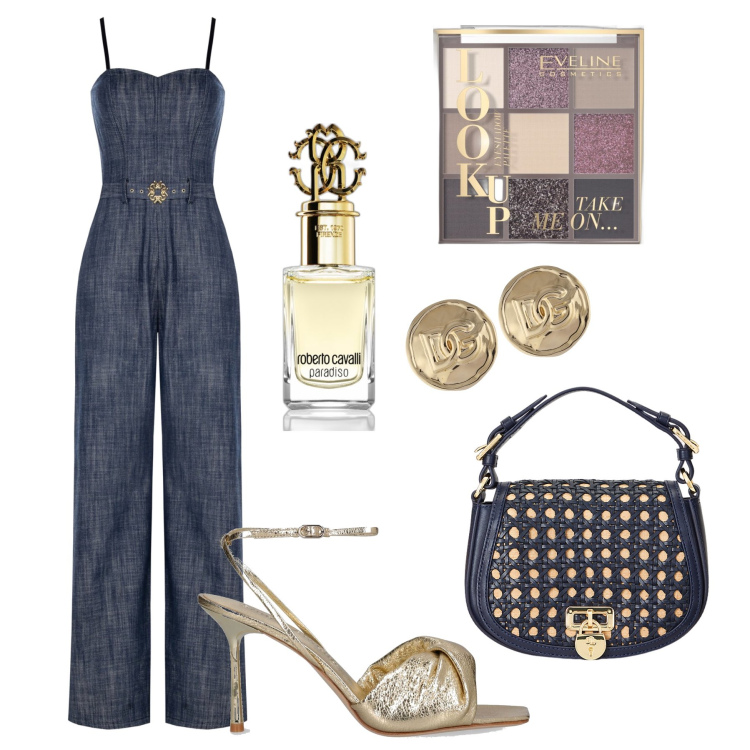 Outfit donna - Denim e oro. Stile Glamour per Serata fuori. Abbinamento con ombretti, profumi, tute, borse a tracolla, orecchini, sandali in pelle.