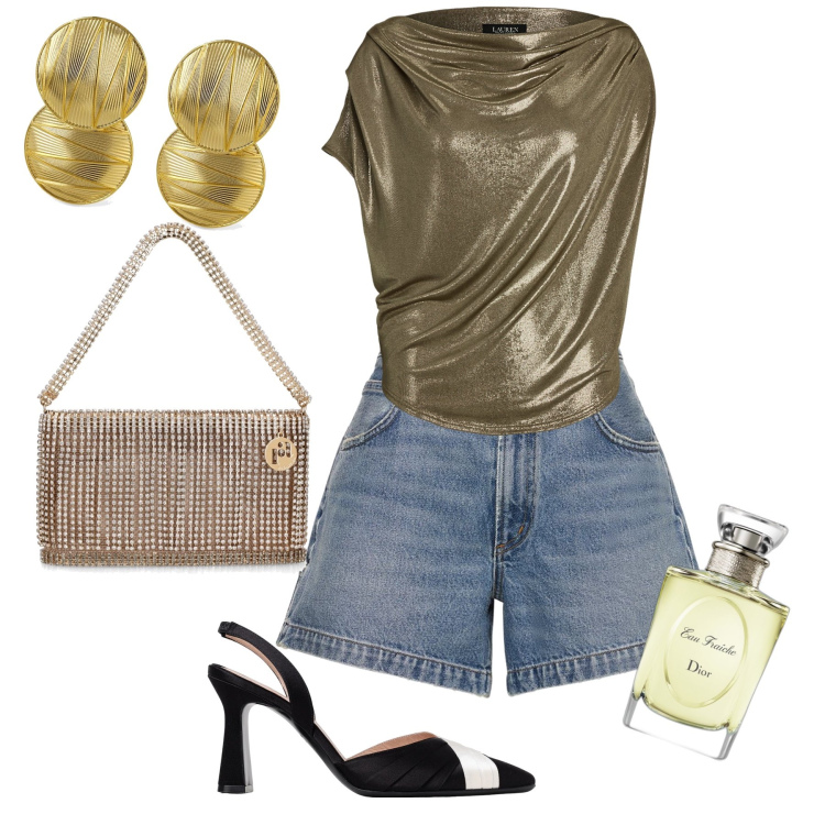 Outfit donna - Glam in shorts. Stile Glamour per Serata fuori. Abbinamento con profumi, top, pochette, shorts, orecchini, décolleté.