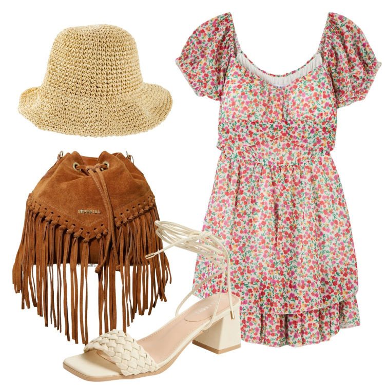 Outfit donna - Total look. Stile Romantica per Tutti i giorni. Abbinamento con cappelli, vestiti, sandali alla schiava, borse a secchiello.