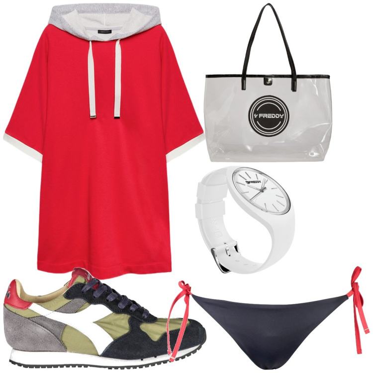 Outfit donna - Total look #1923695. Stile Basic per Mare. Abbinamento con shopping bag, orologi, vestiti corti, sneakers, costumi.